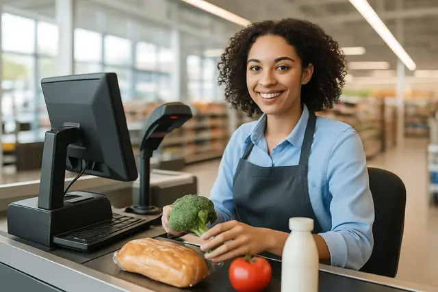 Une employée souriante à la caisse d’un commerce