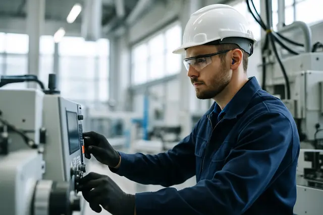 Un technicien casqué utilise une machine dans un atelier industriel